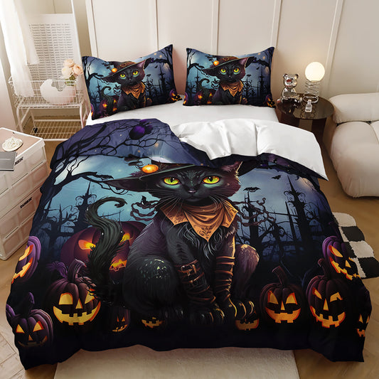 Black cat in a witch hat with glowing jack-o'-lanterns in a spooky forest on a quilt cover set